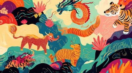 Whimsical abstract design showcasing auspicious animals such as dragons, tigers, and elephants, with a vibrant backdrop and room for text