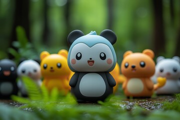 Naklejka premium A delightful scene featuring an adorable blue panda figurine with rosy cheeks, smiling in the foreground. 