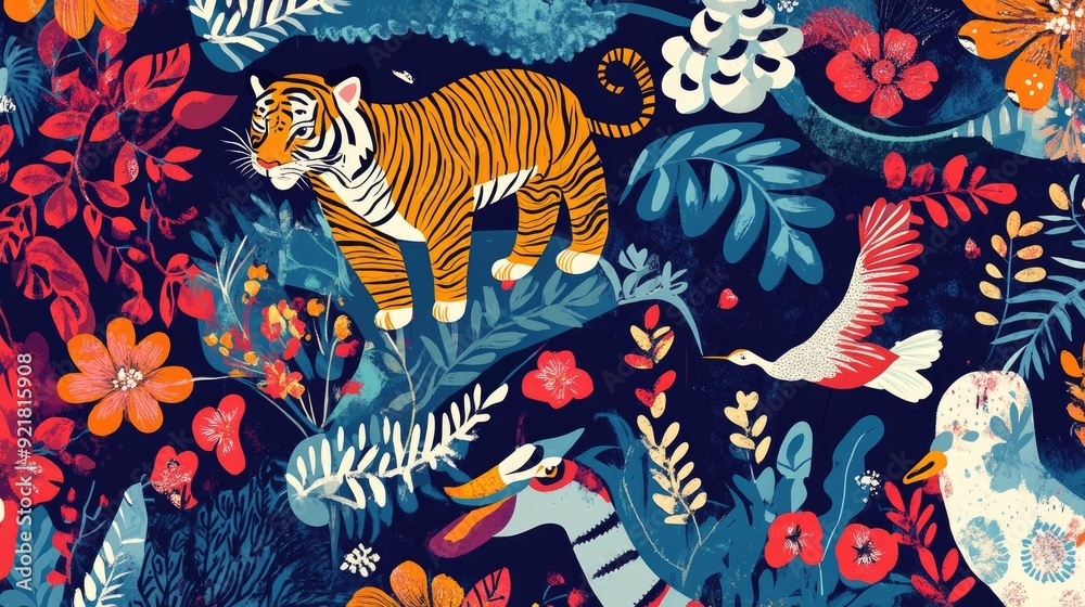 Fototapete whimsical abstract pattern with auspicious creatures such as tigers, cranes, and elephants, featurin