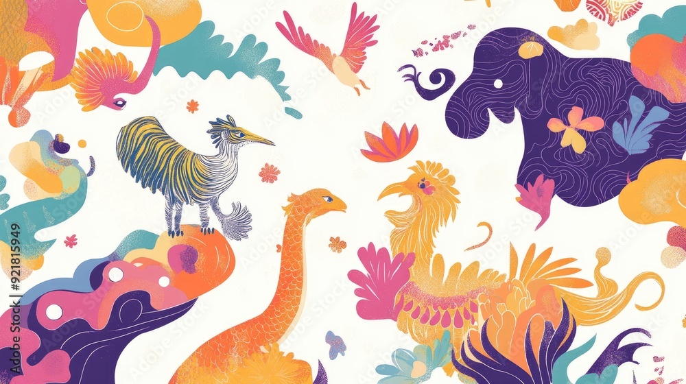 Fototapete whimsical abstract pattern with auspicious creatures such as tigers, cranes, and elephants, featurin