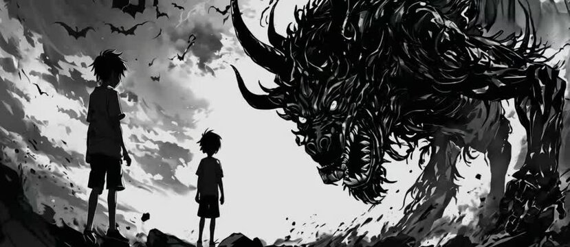 horror scene with a boy and a monster demon, black and white anime art
