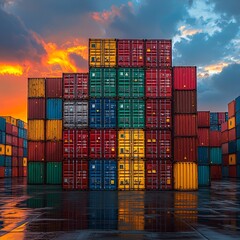 Fototapeta premium Stacked cargo containers in the storage area of freight sea port terminal, concept of export-import and national delivery of goods 