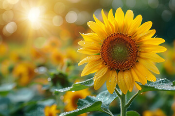 Obraz premium Sunflower on blurred sunny nature background. Horizontal agriculture summer banner with sunflowers field 