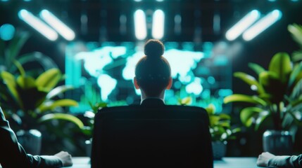 A logistics team strategizing around a conference table with digital screens displaying supply chain analytics and TMS insights.