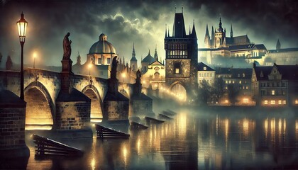 Obraz premium A magical night in Prague, Charles Bridge is bathed in glow of gas lamps, casting reflections on Vltava River