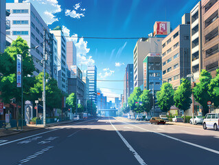 anime background illsutration, atmosphere of a empty street in the middle of a beautiful city