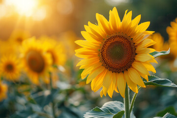 Obraz premium Sunflower on blurred sunny nature background. Horizontal agriculture summer banner with sunflowers field 