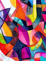 Vibrant Abstract Geometric Composition with Overlapping Fluid Lines and Textured Painted Shapes on Clean White Desktop