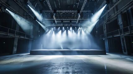 Large empty space for an industrial concert. Large industrial concert on an empty stage.