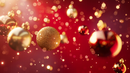 Flying gold and white Christmas balls on a red background. Holiday concept, traditions.