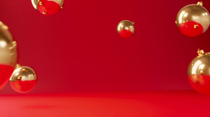 Flying gold and white Christmas balls on a red background. Holiday concept, traditions.