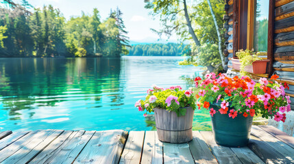 Obraz premium Flower pots on the pier of a cottage with clear water of the lake