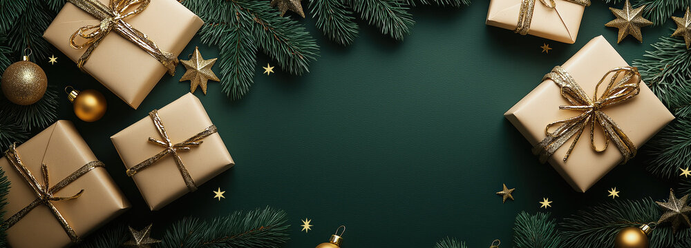 A green background with a row of brown boxes with gold ribbons on top
