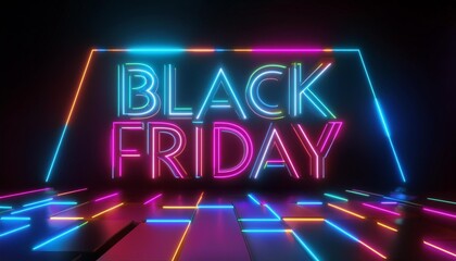 Vibrant neon signage for Black Friday sale, showcasing colorful lights and modern design, perfect for promotional content.