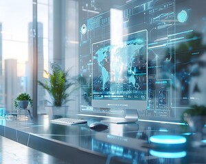 Futuristic Office Workspace with Transparent Computer Screen and Ergonomic Design Showcasing Advanced Technology Concept