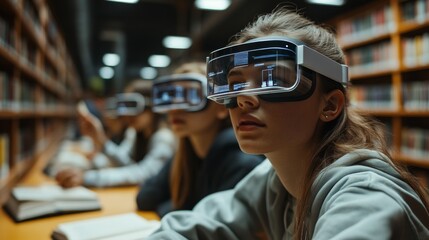 Young Woman Wearing VR Headset in Library.