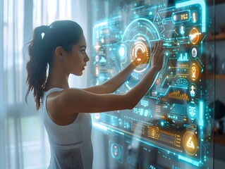 Person Interacting with High Tech Fitness Mirror for Interactive Workouts and Real Time Feedback