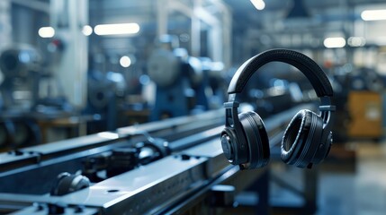 Fototapeta premium Soundproof Headphones Hang On A Lathe In A Factory, Offering Protection In A Noisy Environment
