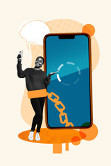 Vertical photo collage of happy american girl selfie photo wear handcuff chain big phone screen...