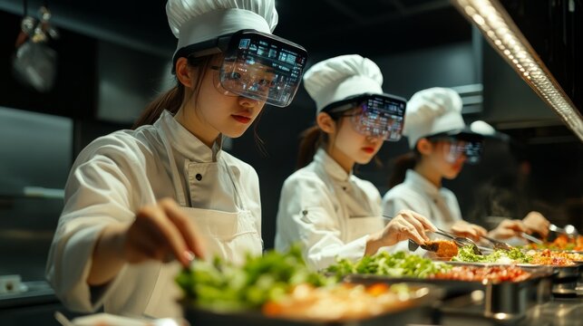 Chefs Using Augmented Reality Technology in a Restaurant Kitchen.