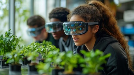 Young woman wearing VR glasses looking at plants in a greenhouse.