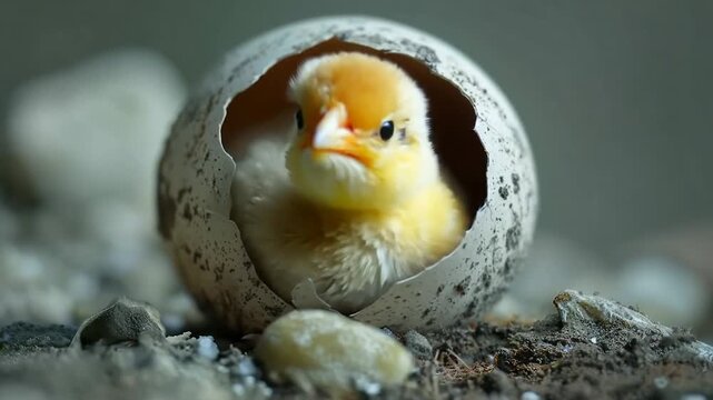 A chick hatching from its egg in a natural setting captured during early morning