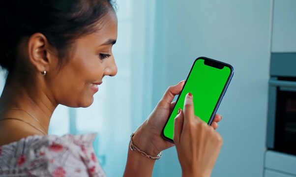 Chroma Green Screen Over-the-Shoulder of Woman Preheating Oven with Smartphone App