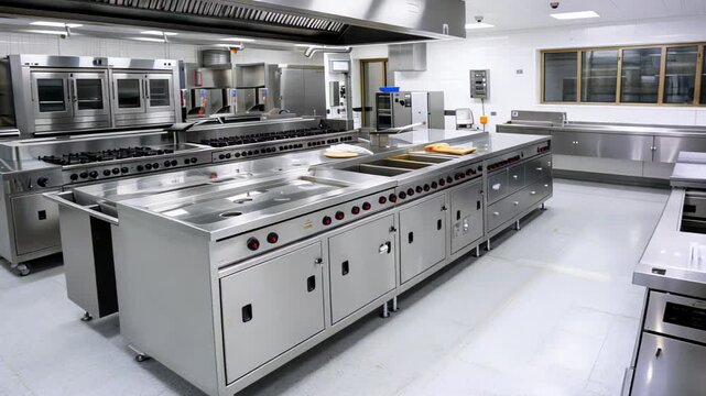 Design of a professional kitchen for a restaurant or cafe. Metal table. Kitchen equipment for catering. Cooking space