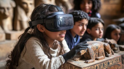 Young girl exploring ancient artifacts with virtual reality headset.