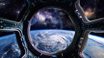 View of Earth and Stars Through Spaceship Window