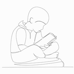 One continuous single drawn line art doodle boy, book, education, kid, people. isolated image hand-drawn contour on a white background
