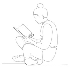 One continuous single drawn line art doodle book, girl, education, happy, young. Isolated hand-drawn outline image on white background.