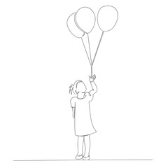 One continuous single drawn line art doodle balloon, girl, happy, cute, beautiful. Isolated hand-drawn outline image on white background.