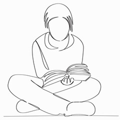 One continuous single drawn line art doodle book, girl, education, people, one, male. Isolated hand-drawn outline image on white background.