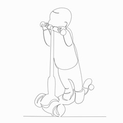 One continuous line drawing. Isolated hand outline image on white background. Little kid riding scooter