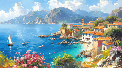 Mediterranean landscape with a small town, sea, flowers, oil painting style, summer seascape