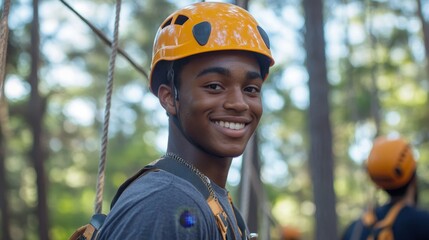 Young Man Wearing a Yellow Helmet Smiles in a Forest.