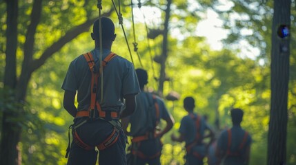 People enjoying a treetop adventure.