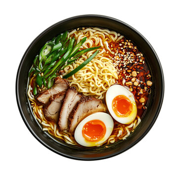 Shoyu ramen noodles bowl top view isolated on a transparent cut-out background