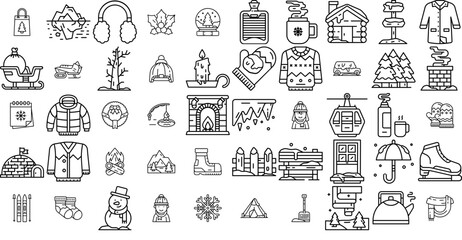 Set Of Goofy Winter Line Icons Silhouette Vector Logo Design Containing Christmas,Snow,Clothes,Winter,Warm Simple Black Style Symbol Sign For Apps And Website, Vector Illustration