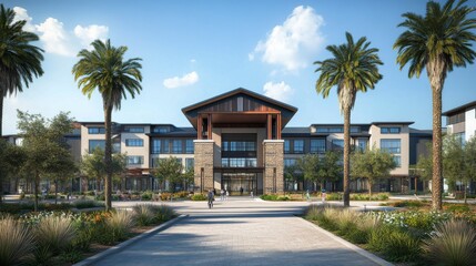 Exterior of a modern and luxurious senior living community.