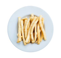 delicious onion sticks in a white bowl isolated. shot with high angle view