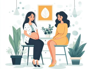 Flat design concept depicting various aspects of women s health and prenatal care including medical checkups maternal support nutrition and wellness