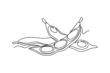 Continuous one line drawing of whole and peeled healthy organic green edamame for farm logo identity. Fresh Japanese pea concept for vegetable icon. Single line draw design vector graphic illustration