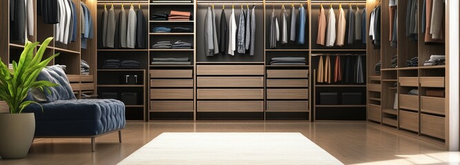 Obraz premium Modern Walk-in Closet with Wooden Shelving and Drawers