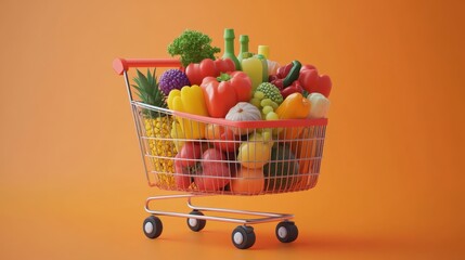Grocery shopping with shopping cart,Fast supermarket shopping cart full of fresh groceries on color background,Hand holding shipping basket full of grocery product,Vector flat shopping trolley.