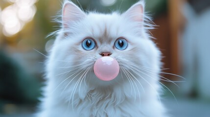 White persian Kitten cat with pink bubble gum in garden background,white cat make bubble with chewing gum,cute animal,copy space.