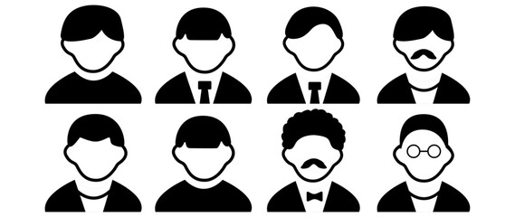 Vector illustration. Eight icons. Avatar, user profile, person icon, profile picture. Suitable for social media profiles, icons, screensavers and as a template.