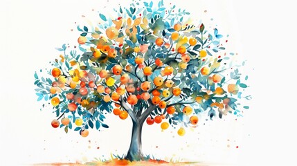 watercolor painting of a tree with fruit on white background