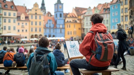 Artist Drawing in City Square.